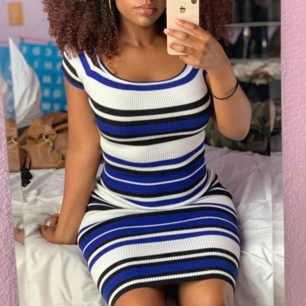 Blue, Black, and White Striped Midi Dress